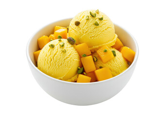 Close up of yellow ice cream scoops with mango chunks in a white bowl on a transparent area on transparent background
