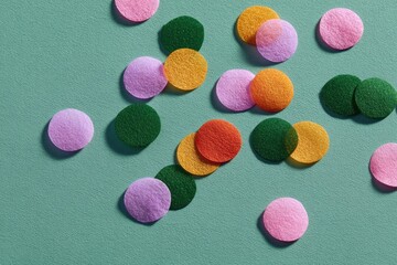 Colorful circles scattered on soft green background create playf