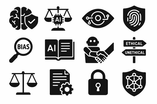 AI ethics icon set. Solid vector icons of fairness, transparency, privacy, handshake, guidelines and bias detection. Ethical artificial intelligence pack.