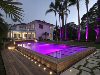 Luxury backyard pool with glowing purple lights on a beautiful summer night

