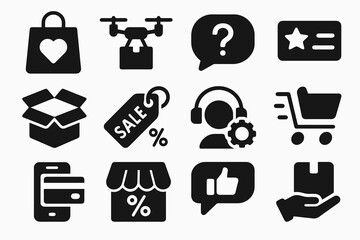 Solid B2C icon pack. Contains such symbols as trolley, headset, smartphone payment, storefront, thumbs up and customer service. Retail vector icons set.