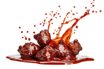 Delicious barbecue meat pieces with red sauce splash isolated on transparent background. Delicious barbecue meat pieces splashing into tomato ketchup isolated on white background.