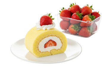 A strawberry roll cake with cream and a container of fresh strawberries on a white surface on transparent background