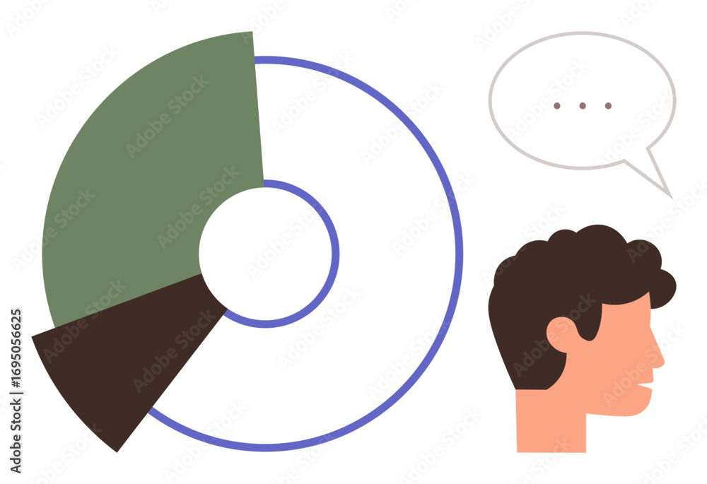 Aufkleber visual of a multi-section pie chart alongside a human profile and dialogue bubble. ideal for data an