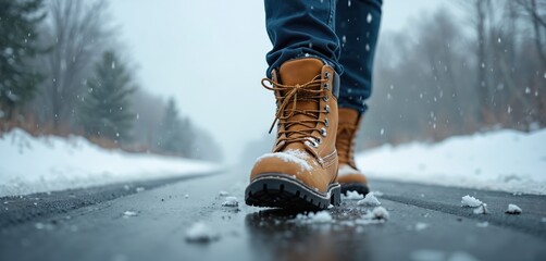 Person walks on snowy road wearing warm brown leather boots, feet covered in snow. Concept winter travel, hiking, and cold weather footwear importance. Casual attire, outdoor adventure.