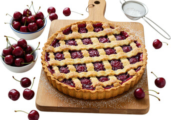 A lattice cherry pie on a wooden board with bowls of cherries and a sifter next to the pie on transparent background