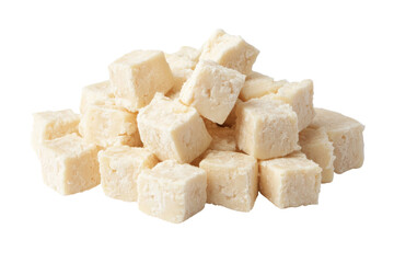 Pile of white cheese chunks isolated on transparent background. Delicious cheese cubes isolated on white background.
