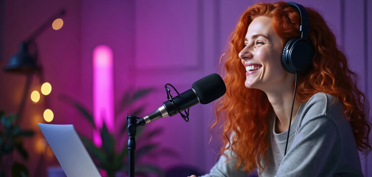 Redheaded woman with headphones laughs joyfully recording podcast. Pro microphone, laptop setup in cozy studio with vibrant purple backdrop. Audio media creation, voice talent, conversation.