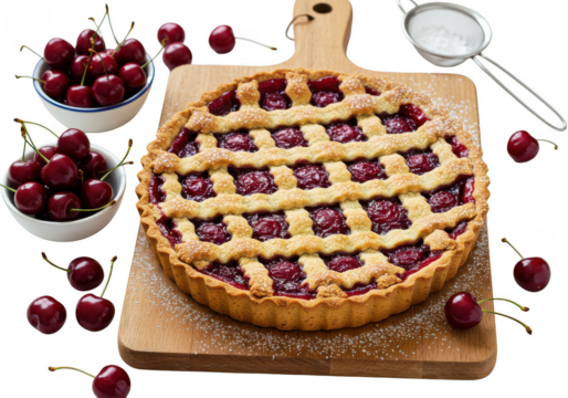 A lattice cherry pie on a wooden board with bowls of cherries and a sifter next to the pie on transparent background