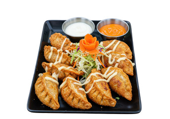Delicious fried dumplings with sauce and fresh salad on plate ready to be served and enjoyed now on transparent background