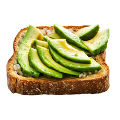 Delicious slice of whole grain toast topped with fresh, creamy avocado slices, showcasing vibrant green colors and a mouthwatering texture on transparent background