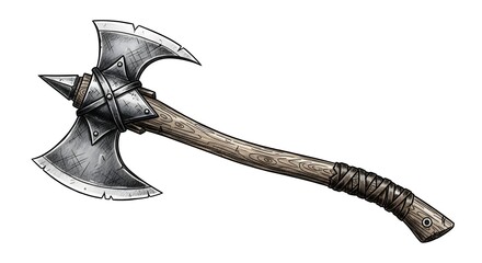 An illustration of a double-headed battle axe with sharp metal blades and a sturdy wooden handle. This weapon represents strength, medieval combat, and ancient warfare, often associated with warriors.