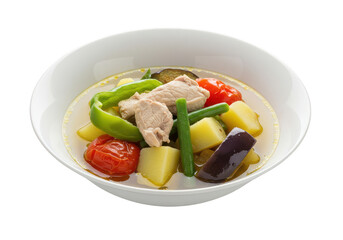 Close up of a bowl filled with chicken pieces and assorted vegetables in a light broth liquid on transparent background