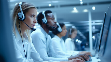 Diverse Customer Service Agents Working at Computers in a Modern Call Center
