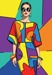 WPAP Pop art illustration of a stylish woman in sunglasses with bold geometric shapes and vibrant colors, perfect for fashion, retro design, modern art posters, and creative lifestyle branding