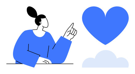 Woman gesturing toward a large blue heart floating above a cloud, representing love, care, connection, positivity, emotion, mindfulness, and wellness. Ideal for self-care app social campaign