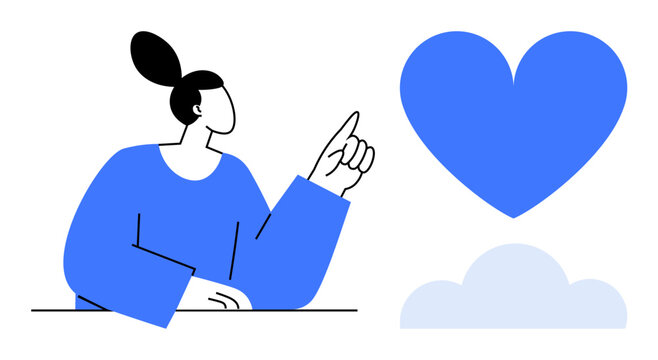 Woman gesturing toward a large blue heart floating above a cloud, representing love, care, connection, positivity, emotion, mindfulness, and wellness. Ideal for self-care app social campaign