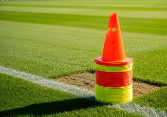 A stack of bright orange, yellow, and red soccer training cones on a green field