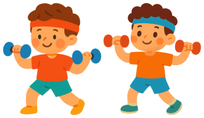 PNG Children exercising with colorful dumbbells, element set on transparent background