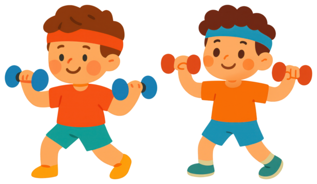 PNG Children exercising with colorful dumbbells, element set on transparent background