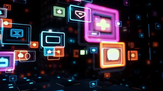 Immersive technological visualization featuring glowing interactive icons representing digital communication services, floating dynamically within a dark cybernetic environment - Powered by Adobe