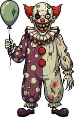 Scary clown, horror character, green balloon, sharp teeth, creepy smile, Halloween theme, cad drawing, flat vector illustration, spooky costume
