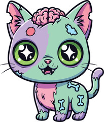 Zombie cat cartoon, exposed brain feline, Halloween undead pet, cute horror animal, cad drawing flat vector illustration, spooky character art