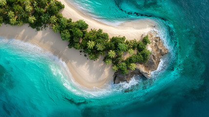 Fototapeta premium Aerial View of Tropical Beach and Turquoise Ocean Water with White Sand