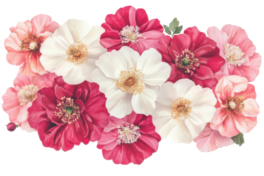 Bouquet of pink and white roses isolated on transparent background. Delicious french potato fries in a red carton package box isolated on white background.
