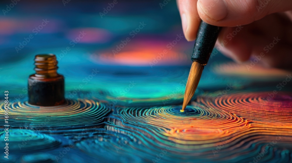 Poster closeup of a hand creating raised textures with uv resin main detail sharply focused while backgroun
