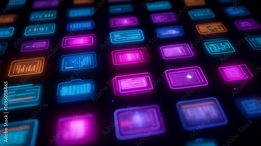 Poster sleek technological display featuring vibrant rectangular buttons in electric color spectrum. cuttin