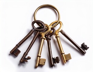 bunch of old keys isolated on white background