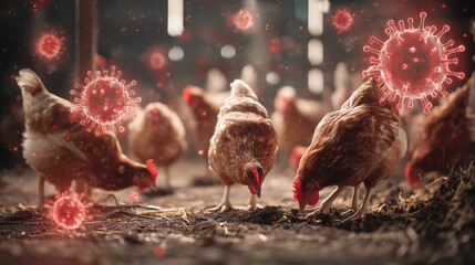 Hens in a Coop Surrounded by Red Virus Particles Concept of Bird Flu or Animal Disease