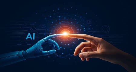 Human and Robot Hand Touching with Glowing AI Technology Connection.