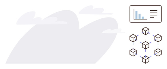 Connected cubes symbolizing network or blockchain with a data chart for analysis and optimization. Ideal for technology, blockchain, data analysis, connectivity, innovation, decentralization, simple