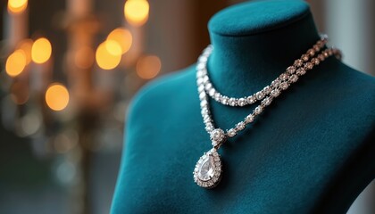 Elegant solitaire diamond necklace displayed on teal jewelry mannequin. Soft, warm bokeh lights in background suggest upscale ambiance. Multi-strand necklace features large pear-shaped diamond