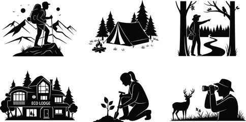 Outdoor adventure silhouettes, hiking, camping, eco lodge, tree planting, wildlife watching, nature exploration, sustainable living, forest conservation, environmental care, travel tourism