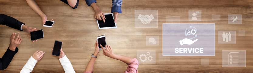 Customer service and support workflow with cooperation, communication, maintenance, and checklist...