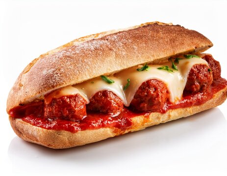 savory meatball sub sandwich with marinara sauce and melted cheese isolated on white background