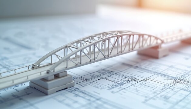 3D printed white miniature bridge model rests on detailed urban infrastructure development project blueprints. White arch structure, steel concrete design, scale model for civil engineering,