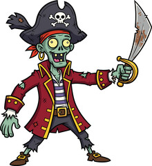 Zombie pirate cartoon, undead sailor character, green skin monster, sword fighter horror, cad drawing flat vector illustration, Halloween adventure theme