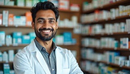 Smiling young Indian man wearing white lab coat in pharmacy. Shelves filled with medications in background. Healthcare pro, chemist, or drug store assistant ready to help customers.