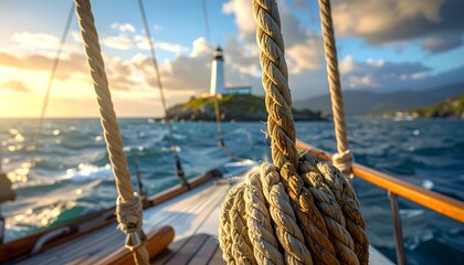 Obraz premium Close-up view of nautical ropes, a harbor scene, and a lighthouse on a sunny day.