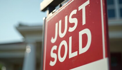 Fototapeta premium Red, white Just Sold sign for real estate transactions. Sign signifies property sale completion, successful marketing. Indicates home no longer available on market. Features bold lettering against