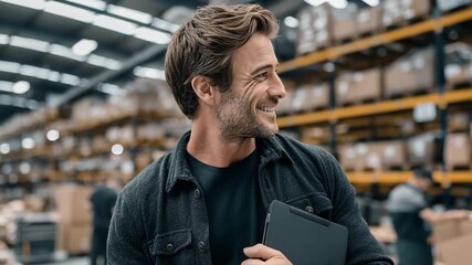 Confident warehouse worker holding a tablet and smiling at the camera. Portrait of a happy male manager in a modern warehouse. Video for advertising logistics services and B2B.