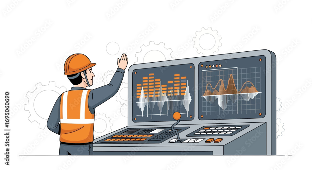 Poster illustration of a construction worker operating an advanced control panel with complex graphs