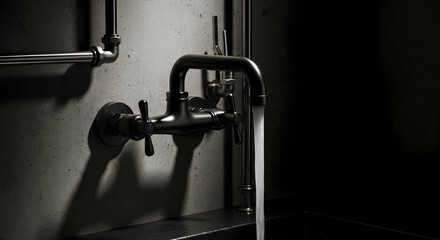 Elegant Industrial Bathroom Fixture with Flowing Water and Stylish Dark Aesthetic