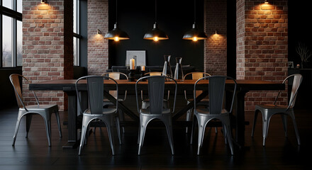 Elegant industrial dining room with brick wall, chairs, table, and hanging lights