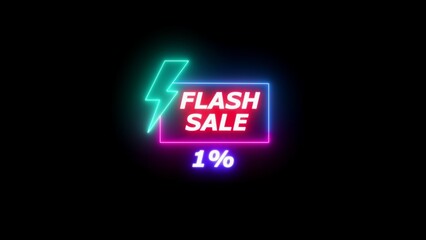 Neon lightning bolt and flash sale text with one percent discount on black background image