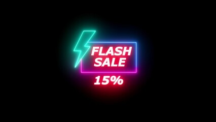 Neon flash sale 15 percent discount announcement with lightning bolt image